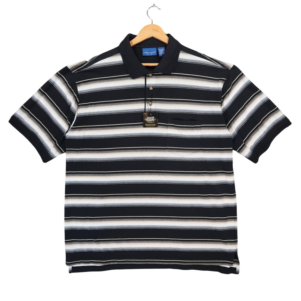 Towncraft Polo Mens XLT Black Excellent Striped Pocket Short Sleeve